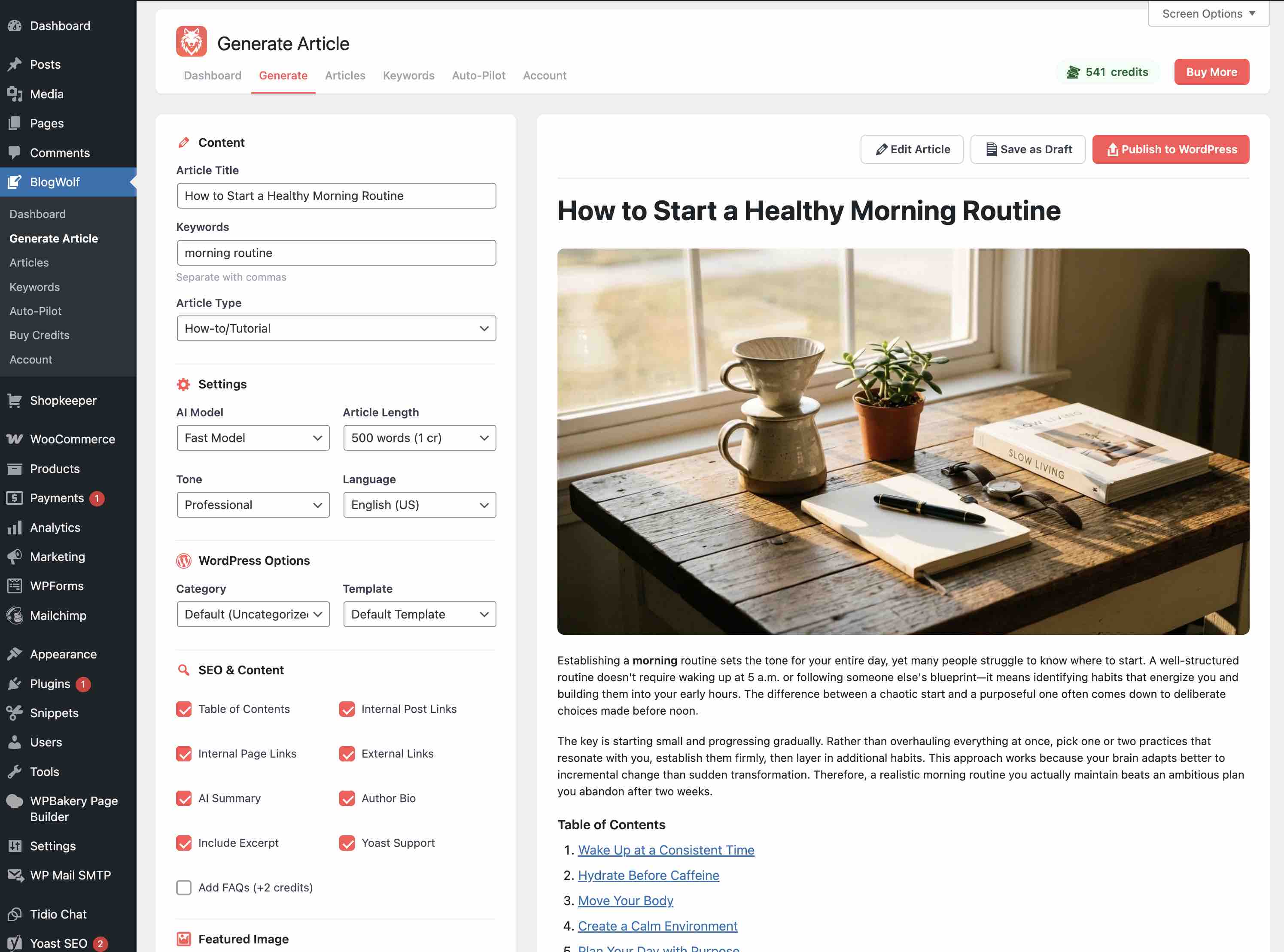 Completed WordPress article written with AI in BlogWolf — ready to review, edit, and publish directly to WordPress