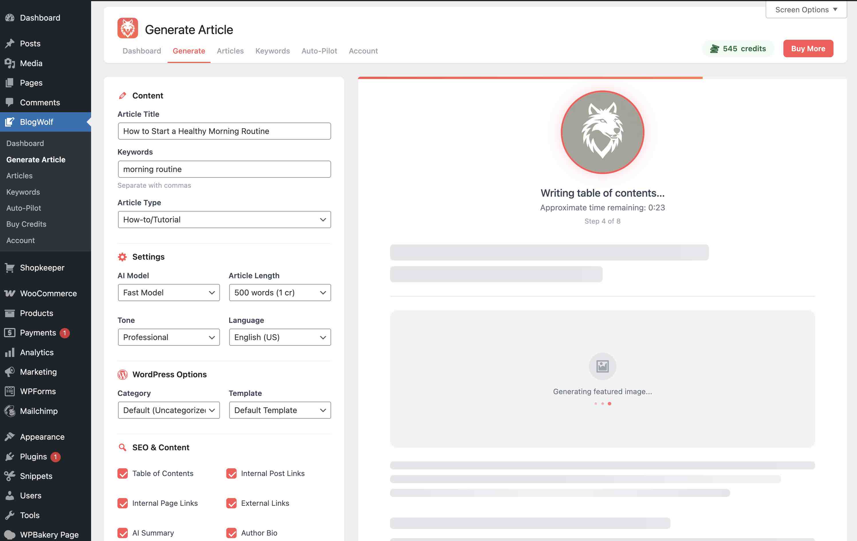 BlogWolf writing a WordPress article with AI — generating content, images, and SEO metadata automatically in under 2 minutes