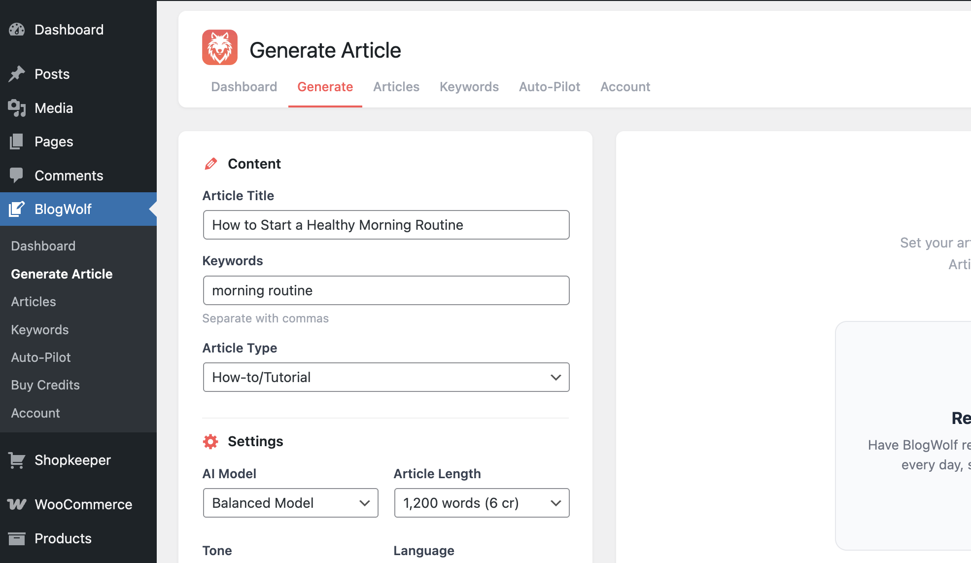 How to write a WordPress article with AI using BlogWolf — entering the article title and target keyword in the WordPress plugin